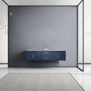 Lexora Geneva LG192272DEDS000 72" Double Wall Mounted Bathroom Vanity in Navy Blue with White Carrara Marble, White Rectangle Sinks, Rendered Front View