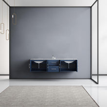Load image into Gallery viewer, Lexora Geneva LG192272DEDS000 72&quot; Double Wall Mounted Bathroom Vanity in Navy Blue with White Carrara Marble, White Rectangle Sinks, Rendered Open Doors