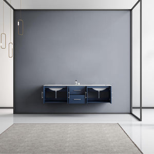 Lexora Geneva LG192272DEDS000 72" Double Wall Mounted Bathroom Vanity in Navy Blue with White Carrara Marble, White Rectangle Sinks, Rendered Open Doors