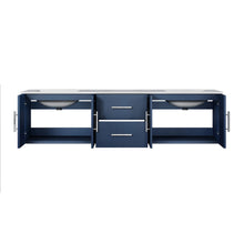 Load image into Gallery viewer, Lexora Geneva LG192272DEDS000 72&quot; Double Wall Mounted Bathroom Vanity in Navy Blue with White Carrara Marble, White Rectangle Sinks, Open Doors