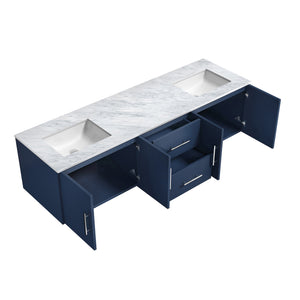 Lexora Geneva LG192272DEDS000 72" Double Wall Mounted Bathroom Vanity in Navy Blue with White Carrara Marble, White Rectangle Sinks, Open Doors and Drawers