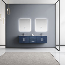 Load image into Gallery viewer, Lexora Geneva LG192272DEDS000 72&quot; Double Wall Mounted Bathroom Vanity in Navy Blue with White Carrara Marble, White Rectangle Sinks, Rendered with Mirrors and Faucets