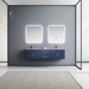 Lexora Geneva LG192272DEDS000 72" Double Wall Mounted Bathroom Vanity in Navy Blue with White Carrara Marble, White Rectangle Sinks, Rendered with Mirrors and Faucets