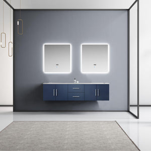 Lexora Geneva LG192272DEDS000 72" Double Wall Mounted Bathroom Vanity in Navy Blue with White Carrara Marble, White Rectangle Sinks, Rendered With Mirrors