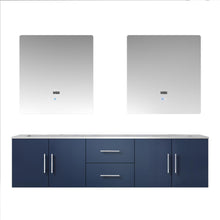 Load image into Gallery viewer, Lexora Geneva LG192272DEDS000 72&quot; Double Wall Mounted Bathroom Vanity in Navy Blue with White Carrara Marble, White Rectangle Sinks, With Mirrors