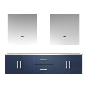 Lexora Geneva LG192272DEDS000 72" Double Wall Mounted Bathroom Vanity in Navy Blue with White Carrara Marble, White Rectangle Sinks, With Mirrors