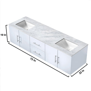 Lexora Geneva LG192272DMDS000 72" Double Wall Mounted Bathroom Vanity in Glossy White with White Carrara Marble, White Rectangle Sinks, Vanity Dimensions
