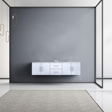 Load image into Gallery viewer, Lexora Geneva LG192272DMDS000 72&quot; Double Wall Mounted Bathroom Vanity in Glossy White with White Carrara Marble, White Rectangle Sinks, Rendered Front View