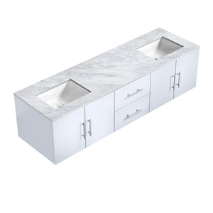 Lexora Geneva LG192272DMDS000 72" Double Wall Mounted Bathroom Vanity in Glossy White with White Carrara Marble, White Rectangle Sinks, Countertop