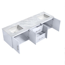 Load image into Gallery viewer, Lexora Geneva LG192272DMDS000 72&quot; Double Wall Mounted Bathroom Vanity in Glossy White with White Carrara Marble, White Rectangle Sinks, Open Doors and Drawers