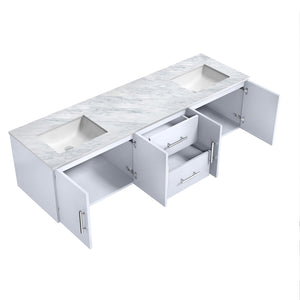 Lexora Geneva LG192272DMDS000 72" Double Wall Mounted Bathroom Vanity in Glossy White with White Carrara Marble, White Rectangle Sinks, Open Doors and Drawers