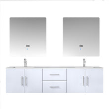 Load image into Gallery viewer, Lexora Geneva LG192272DMDS000 72&quot; Double Wall Mounted Bathroom Vanity in Glossy White with White Carrara Marble, White Rectangle Sinks