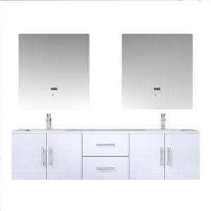 Lexora Geneva LG192272DMDS000 72" Double Wall Mounted Bathroom Vanity in Glossy White with White Carrara Marble, White Rectangle Sinks