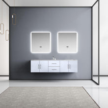 Load image into Gallery viewer, Lexora Geneva LG192272DMDS000 72&quot; Double Wall Mounted Bathroom Vanity in Glossy White with White Carrara Marble, White Rectangle Sinks, Rendered with Mirrors and Faucets