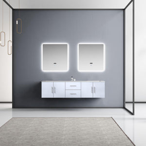 Lexora Geneva LG192272DMDS000 72" Double Wall Mounted Bathroom Vanity in Glossy White with White Carrara Marble, White Rectangle Sinks, Rendered with Mirrors and Faucets