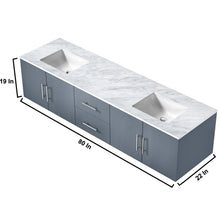 Load image into Gallery viewer, Lexora Geneva LG192280DBDS000 80&quot; Double Wall Mounted Bathroom Vanity in Dark Grey with White Carrara Marble, White Rectangle Sinks, Vanity Dimensions