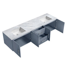 Load image into Gallery viewer, Lexora Geneva LG192280DBDS000 80&quot; Double Wall Mounted Bathroom Vanity in Dark Grey with White Carrara Marble, White Rectangle Sinks, Open Doors and Drawers