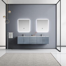 Load image into Gallery viewer, Lexora Geneva LG192280DBDS000 80&quot; Double Wall Mounted Bathroom Vanity in Dark Grey with White Carrara Marble, White Rectangle Sinks, Rendered with Mirrors and Faucets