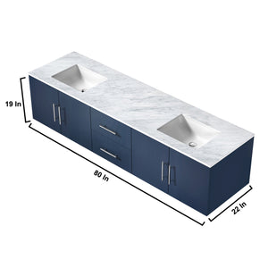 Lexora Geneva LG192280DEDS000 80" Double Wall Mounted Bathroom Vanity in Navy Blue with White Carrara Marble, White Rectangle Sinks, Vanity Dimensions