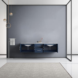 Lexora Geneva LG192280DEDS000 80" Double Wall Mounted Bathroom Vanity in Navy Blue with White Carrara Marble, White Rectangle Sinks, Rendered Open Doors