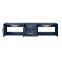 Load image into Gallery viewer, Lexora Geneva LG192280DEDS000 80&quot; Double Wall Mounted Bathroom Vanity in Navy Blue with White Carrara Marble, White Rectangle Sinks, Open Doors