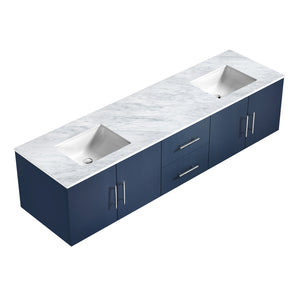 Lexora Geneva LG192280DEDS000 80" Double Wall Mounted Bathroom Vanity in Navy Blue with White Carrara Marble, White Rectangle Sinks, Angled View