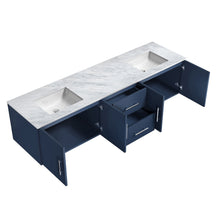 Load image into Gallery viewer, Lexora Geneva LG192280DEDS000 80&quot; Double Wall Mounted Bathroom Vanity in Navy Blue with White Carrara Marble, White Rectangle Sinks, Open Doors and Drawers