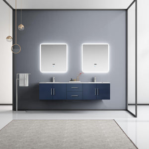 Lexora Geneva LG192280DEDS000 80" Double Wall Mounted Bathroom Vanity in Navy Blue with White Carrara Marble, White Rectangle Sinks, Rendered with Mirrors and Faucets