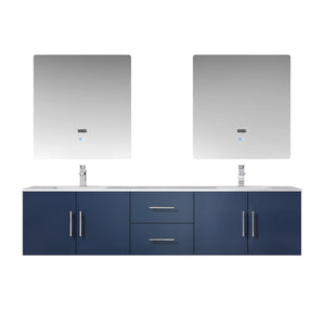 Lexora Geneva LG192280DEDS000 80" Double Wall Mounted Bathroom Vanity in Navy Blue with White Carrara Marble, White Rectangle Sinks, With Mirrors and Faucets