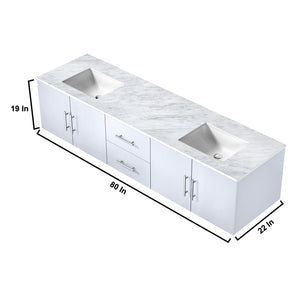 Lexora Geneva LG192280DMDS000 80" Double Wall Mounted Bathroom Vanity in Glossy White with White Carrara Marble, White Rectangle Sinks, Vanity Dimensions