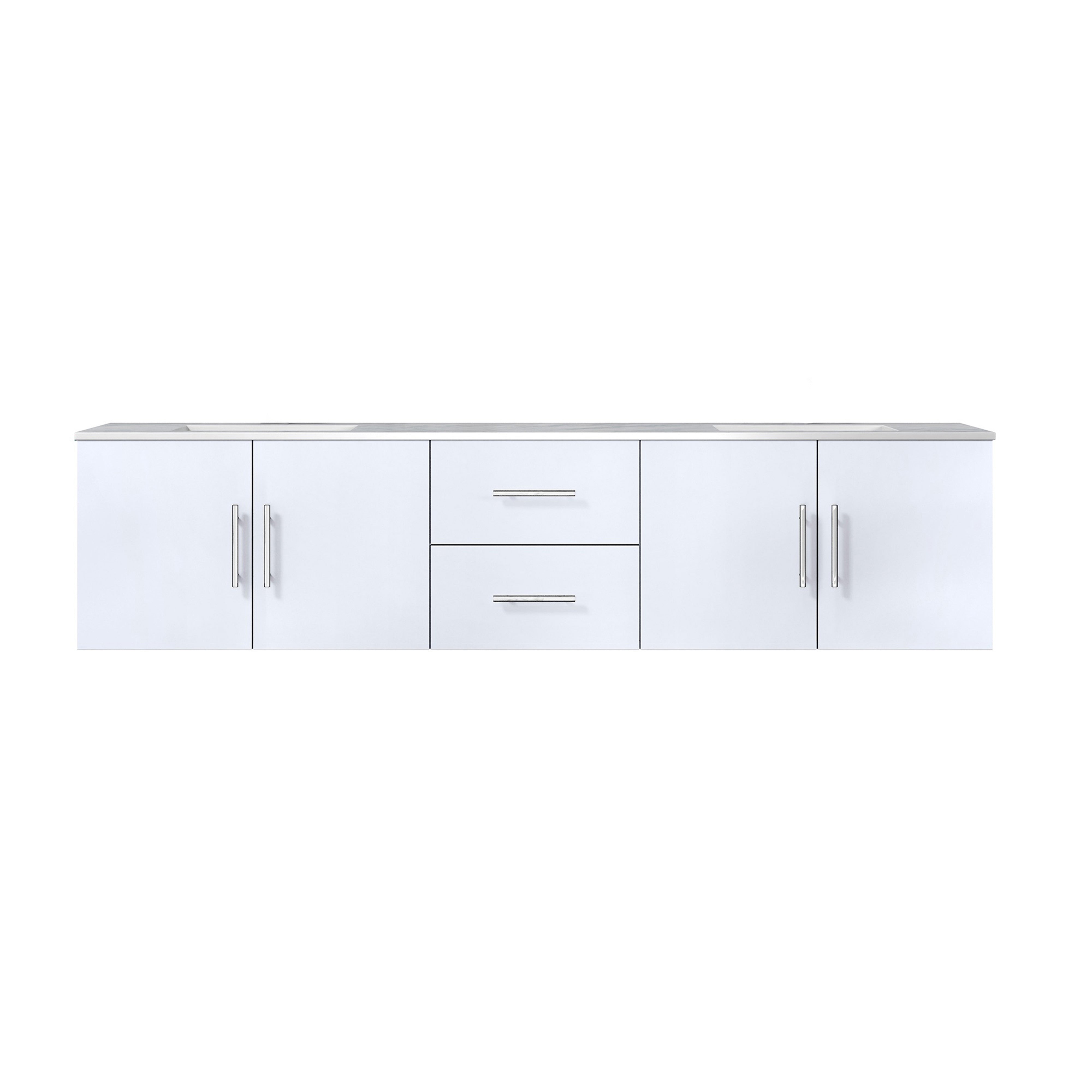 Lexora Geneva LG192280DMDS000 80" Double Wall Mounted Bathroom Vanity in Glossy White with White Carrara Marble, White Rectangle Sinks, Front View