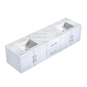 Lexora Geneva LG192280DMDS000 80" Double Wall Mounted Bathroom Vanity in Glossy White with White Carrara Marble, White Rectangle Sinks, Countertop
