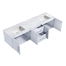 Load image into Gallery viewer, Lexora Geneva LG192280DMDS000 80&quot; Double Wall Mounted Bathroom Vanity in Glossy White with White Carrara Marble, White Rectangle Sinks, Open Doors and Drawers