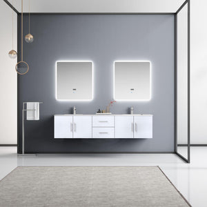 Lexora Geneva LG192280DMDS000 80" Double Wall Mounted Bathroom Vanity in Glossy White with White Carrara Marble, White Rectangle Sinks, Rendered with Mirrors and Faucets