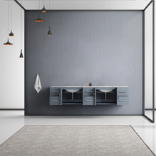 Load image into Gallery viewer, Lexora Geneva LG192284DBDS000 84&quot; Double Wall Mounted Bathroom Vanity in Dark Grey with White Carrara Marble, White Rectangle Sinks, Rendered Open Doors
