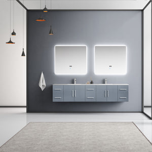 Lexora Geneva LG192284DBDS000 84" Double Wall Mounted Bathroom Vanity in Dark Grey with White Carrara Marble, White Rectangle Sinks, Rendered with Mirrors and Faucets
