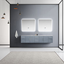 Load image into Gallery viewer, Lexora Geneva LG192284DBDS000 84&quot; Double Wall Mounted Bathroom Vanity in Dark Grey with White Carrara Marble, White Rectangle Sinks, Rendered with Mirrors