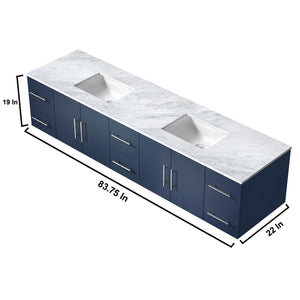 Lexora Geneva LG192284DEDS000 84" Double Wall Mounted Bathroom Vanity in Navy Blue with White Carrara Marble, White Rectangle Sinks, Vanity Dimensions