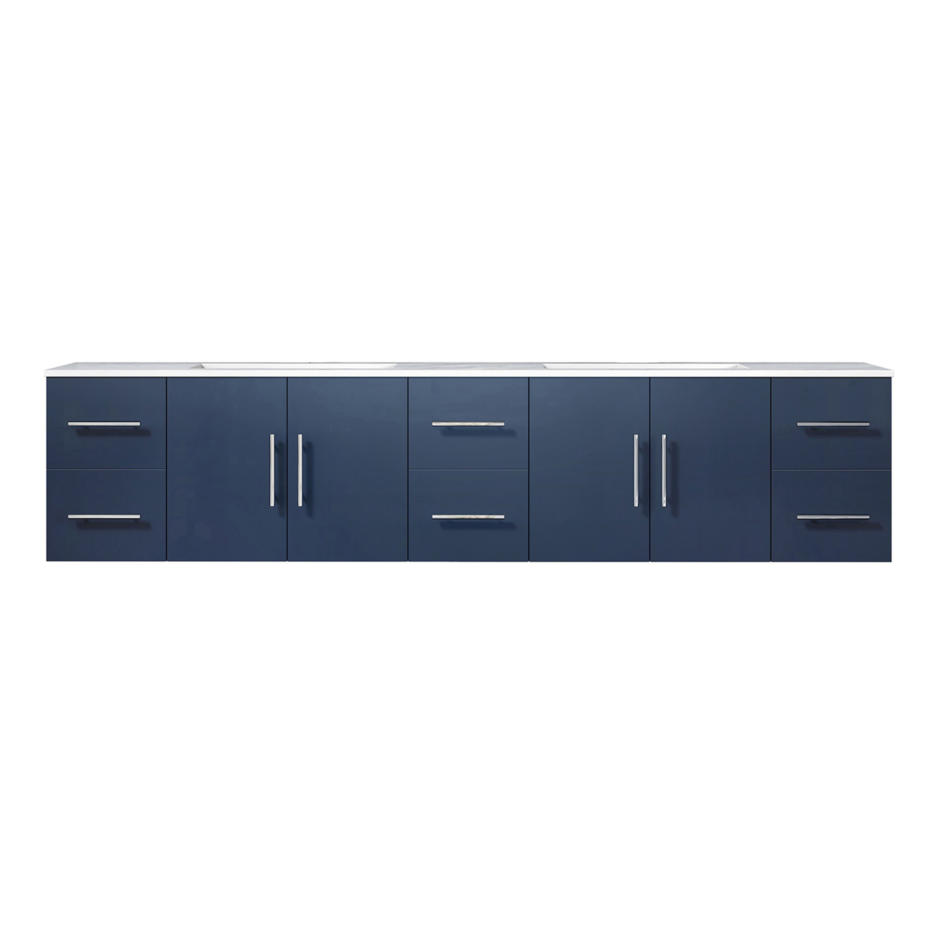 Lexora Geneva LG192284DEDS000 84" Double Wall Mounted Bathroom Vanity in Navy Blue with White Carrara Marble, White Rectangle Sinks, Front View