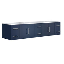 Load image into Gallery viewer, Lexora Geneva LG192284DEDS000 84&quot; Double Wall Mounted Bathroom Vanity in Navy Blue with White Carrara Marble, White Rectangle Sinks, Angled View