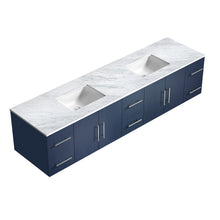 Load image into Gallery viewer, Lexora Geneva LG192284DEDS000 84&quot; Double Wall Mounted Bathroom Vanity in Navy Blue with White Carrara Marble, White Rectangle Sinks, Countertop