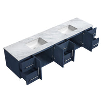 Load image into Gallery viewer, Lexora Geneva LG192284DEDS000 84&quot; Double Wall Mounted Bathroom Vanity in Navy Blue with White Carrara Marble, White Rectangle Sinks, Open Doors and Drawers