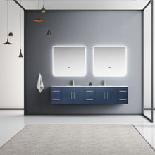 Load image into Gallery viewer, Lexora Geneva LG192284DEDS000 84&quot; Double Wall Mounted Bathroom Vanity in Navy Blue with White Carrara Marble, White Rectangle Sinks, Rendered with Mirrors and Faucets