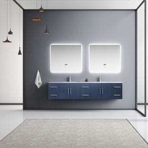Lexora Geneva LG192284DEDS000 84" Double Wall Mounted Bathroom Vanity in Navy Blue with White Carrara Marble, White Rectangle Sinks, Rendered with Mirrors and Faucets