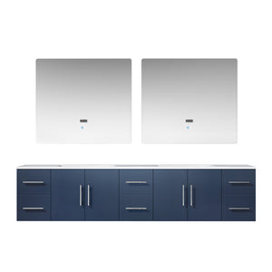 Lexora Geneva LG192284DEDS000 84" Double Wall Mounted Bathroom Vanity in Navy Blue with White Carrara Marble, White Rectangle Sinks, With Mirrors