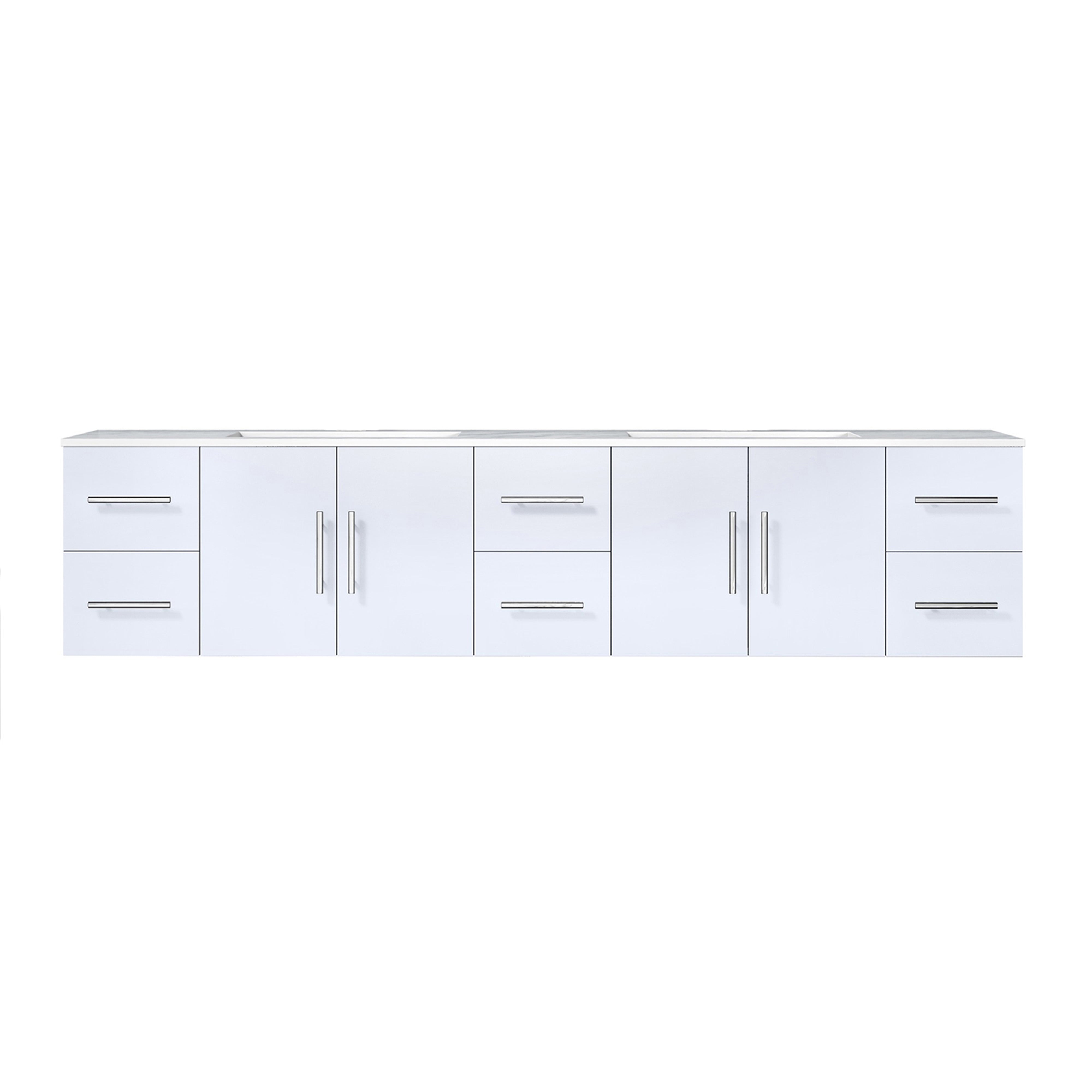Lexora Geneva LG192284DMDS000 84" Double Wall Mounted Bathroom Vanity in Glossy White with White Carrara Marble, White Rectangle Sinks, Front View