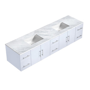 Lexora Geneva LG192284DMDS000 84" Double Wall Mounted Bathroom Vanity in Glossy White with White Carrara Marble, White Rectangle Sinks, Countertop