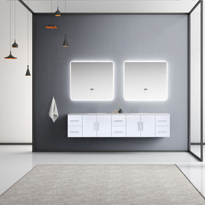 Lexora Geneva LG192284DMDS000 84" Double Wall Mounted Bathroom Vanity in Glossy White with White Carrara Marble, White Rectangle Sinks, Rendered with Mirrors