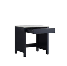 Load image into Gallery viewer, Lexora Jacques LJ302230EDSMTB 30&quot; Make-Up Table in Navy Blue with White Carrara Marble, Open Drawer