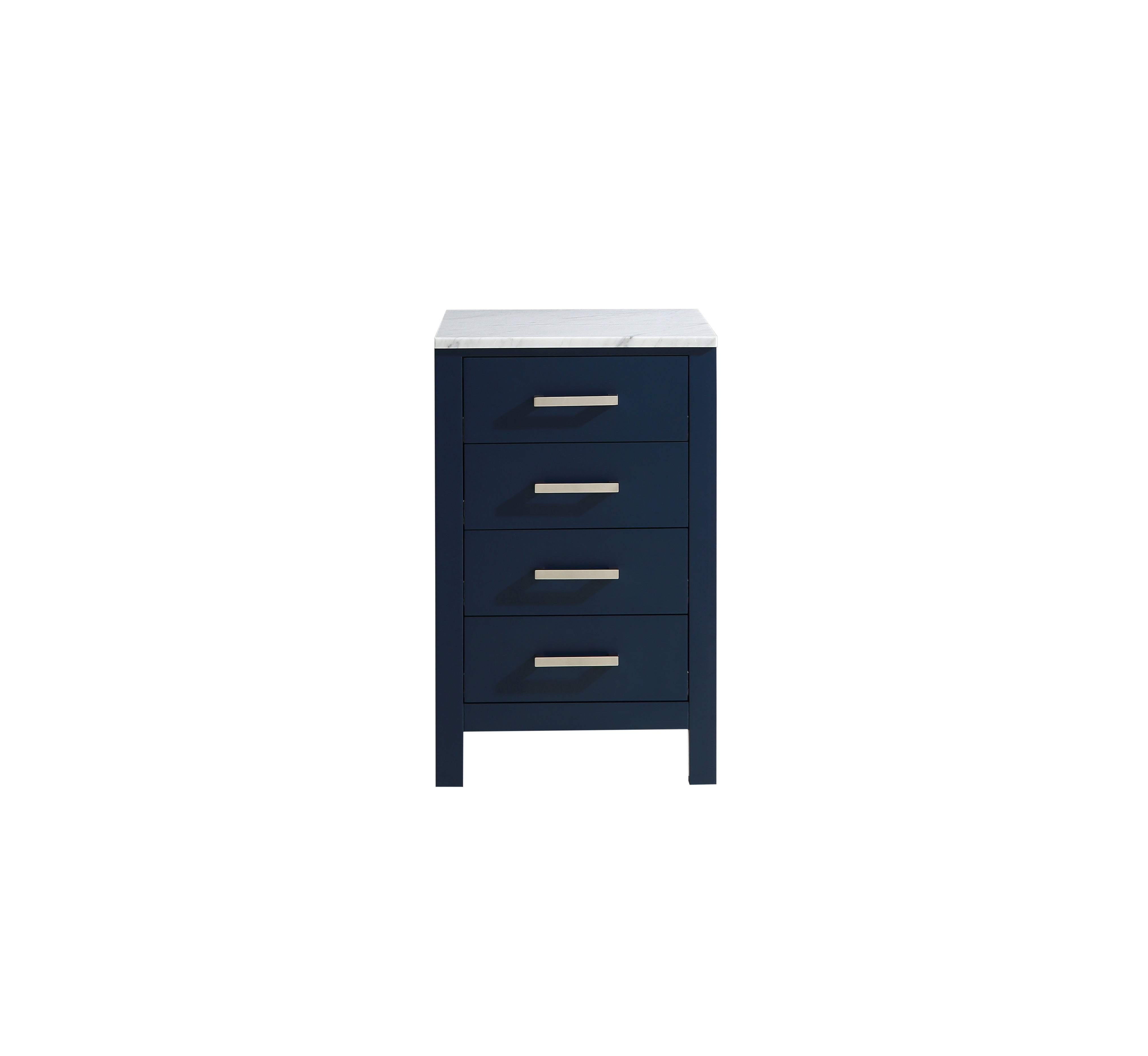 Lexora Jacques LJ322220EDSSCB 20" Side Cabinet in Navy Blue with White Carrara Marble, Front View